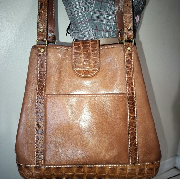 Brahmin Tuscan Leather Shoulder Brown Moc Croc Trim Detachable Pouch. Adj Straps - Picture 2 of 16